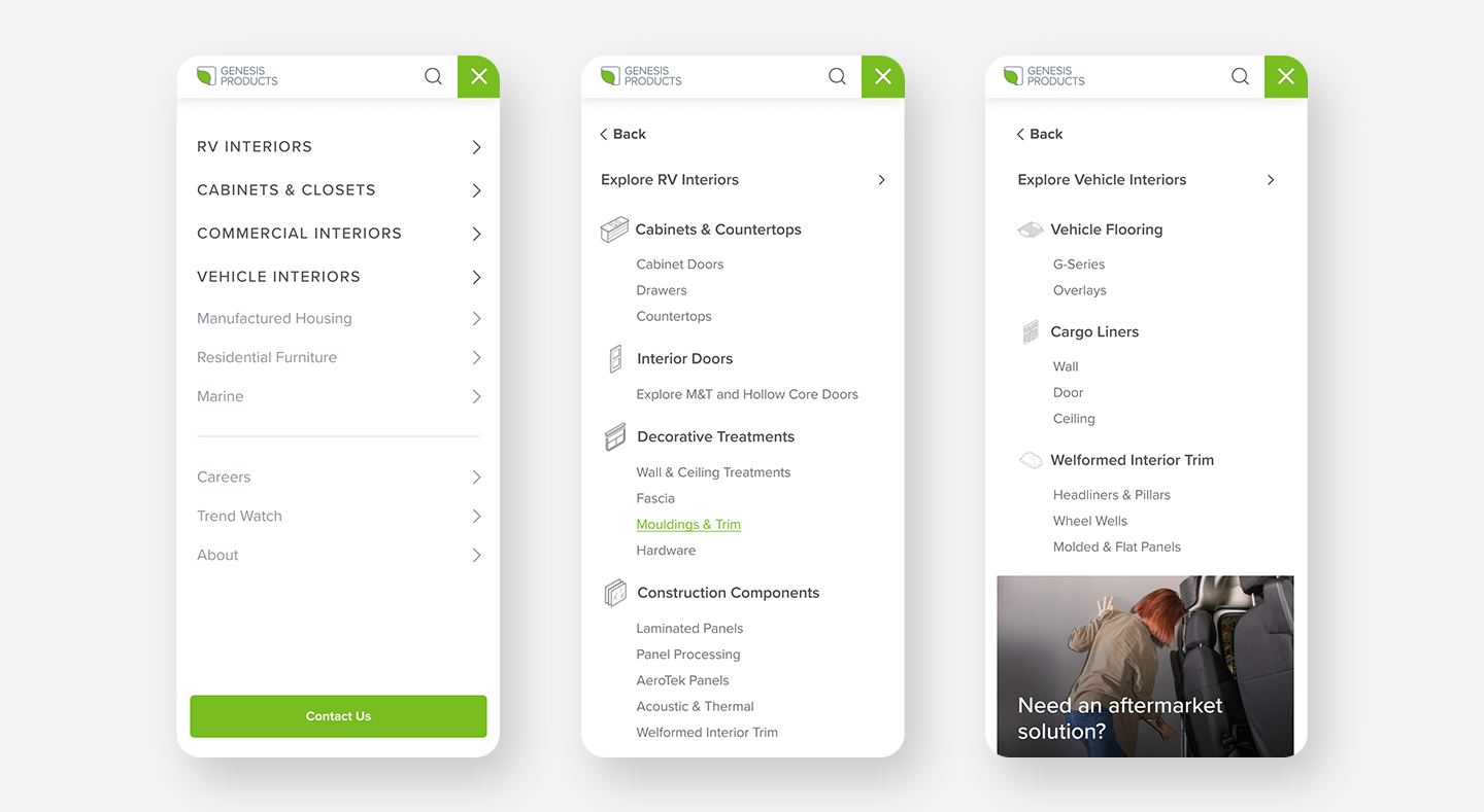 Mobile navigation: industry menu, RV Interiors and Vehicle Interiors drill-downs